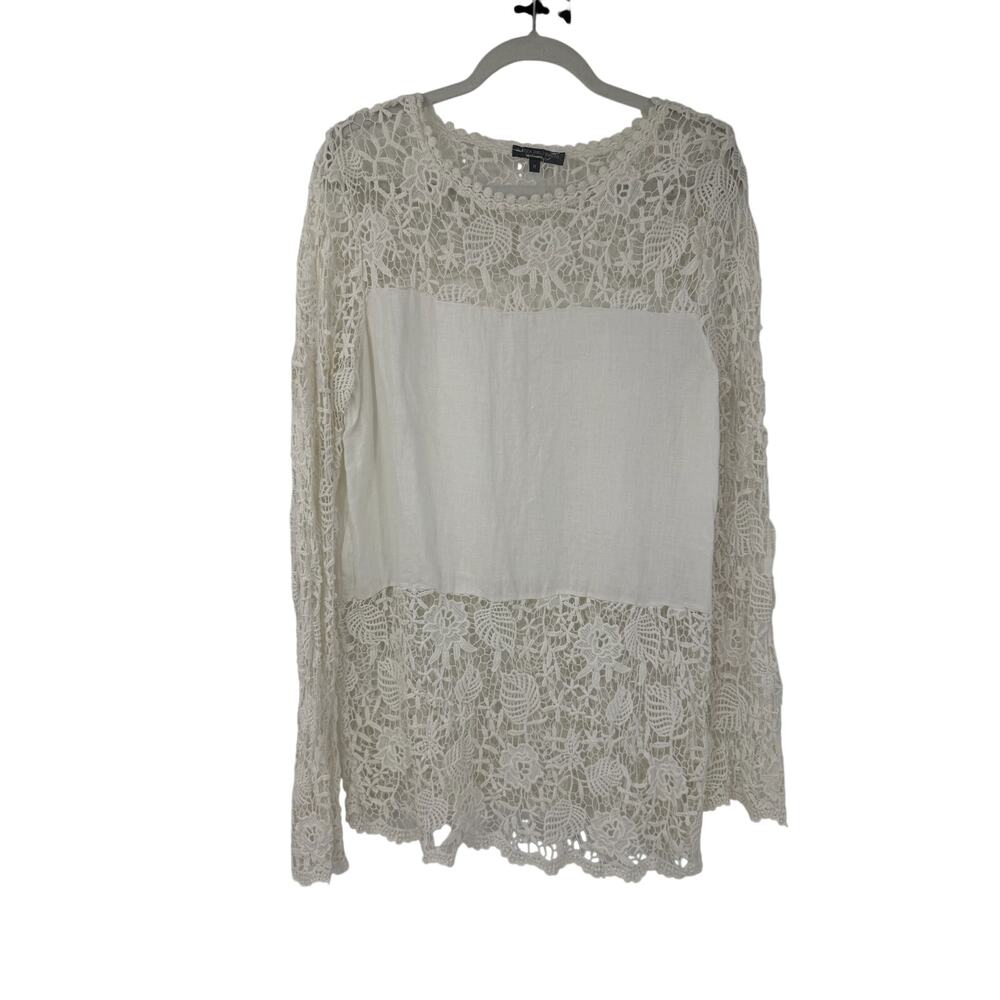 Plazza Del Tempio Womens Italian Linen Crochet Long Sleeve Top Size M White Boho